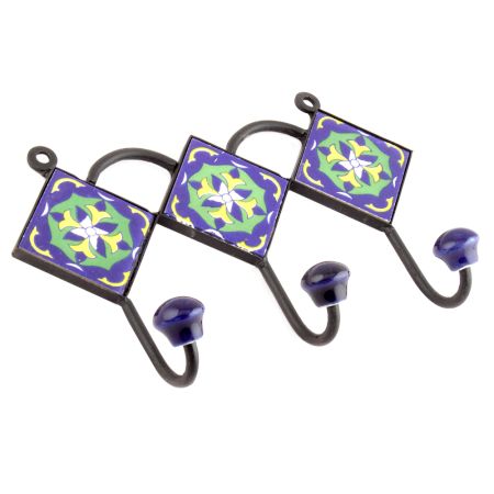 Navy Blue Lime Green Floral Tiles Hooks